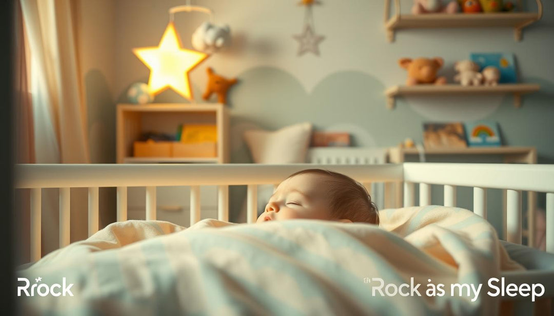 A cozy nursery scene illustrating the theme of separation anxiety during sleep. In the foreground, a peaceful baby lying in a cr