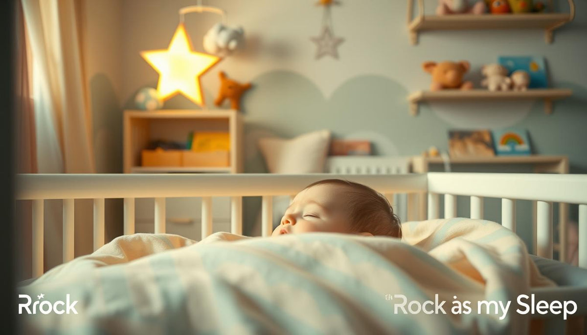 A cozy nursery scene illustrating the theme of separation anxiety during sleep. In the foreground, a peaceful baby lying in a cr