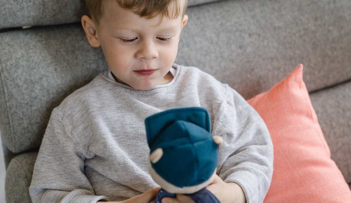 Kleiner Junge in grauem Pullover sitzt auf einem Sessel und hält den Rockie Jay, ein Kuscheltier mit Musikplayer, in den Händen