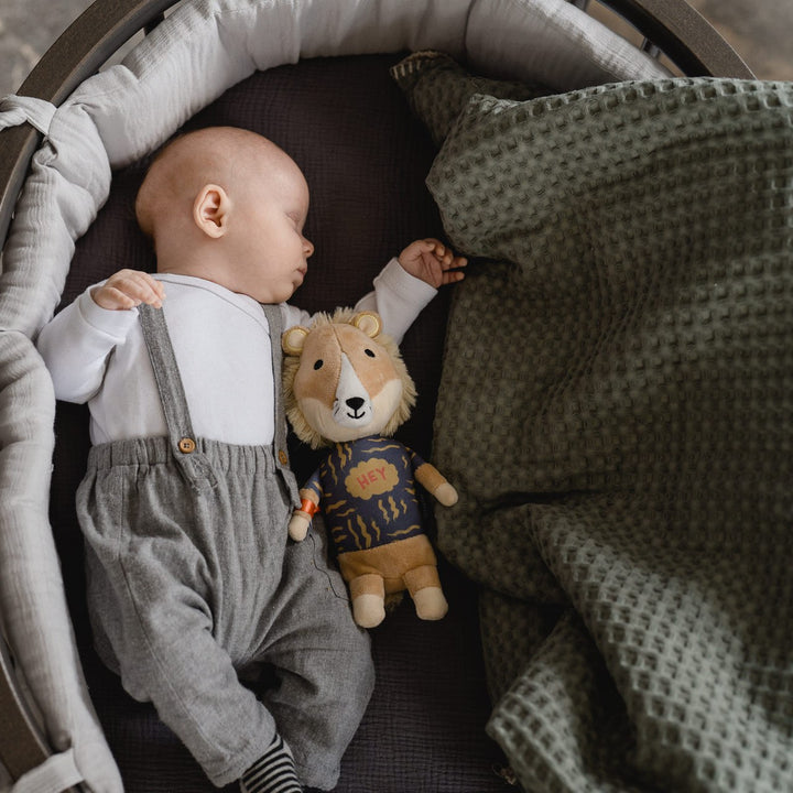 Schlafendes Baby im Babybett, daneben liegt die Spieluhr Eddie der Löwe