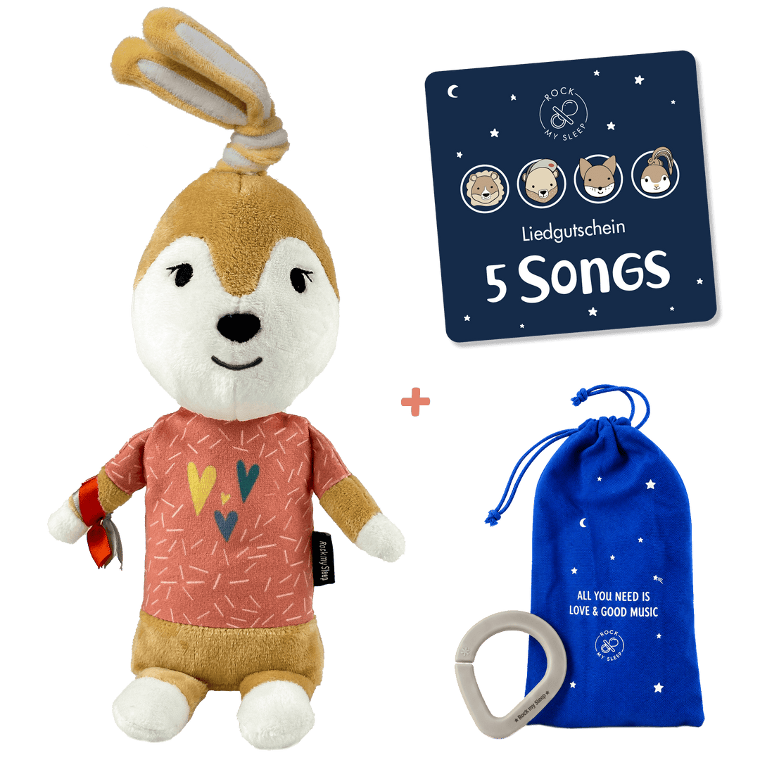 Schlaf-Gut-Set mit Ivy der Häsin: Spieluhr, Liedgutschein für 5 Songs, Säckchen und Klemmring