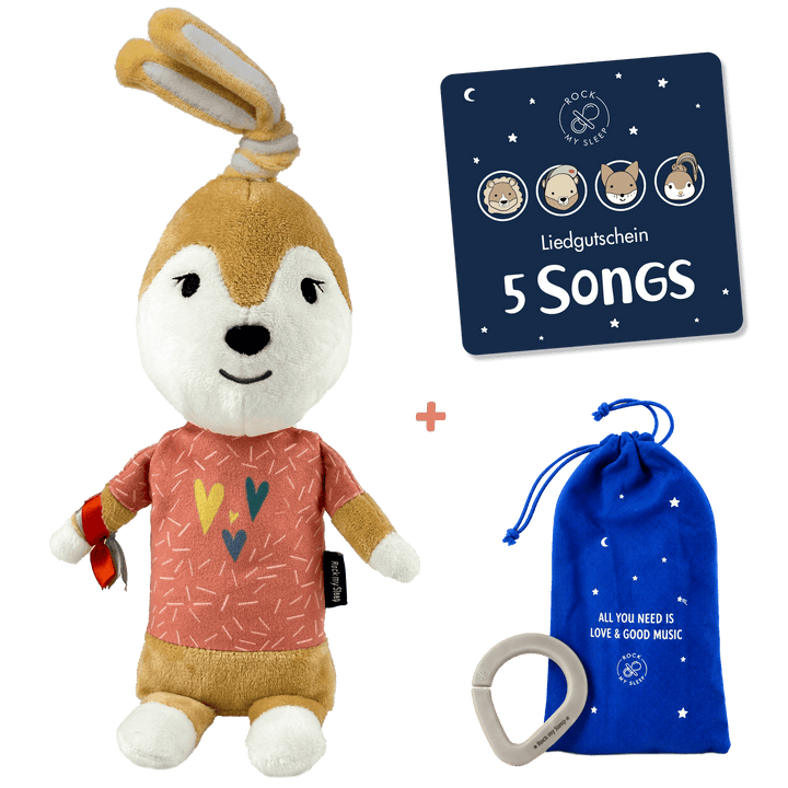Schlaf-Gut-Set mit Ivy der Häsin: Spieluhr, Liedgutschein für 5 Songs, Säckchen und Klemmring